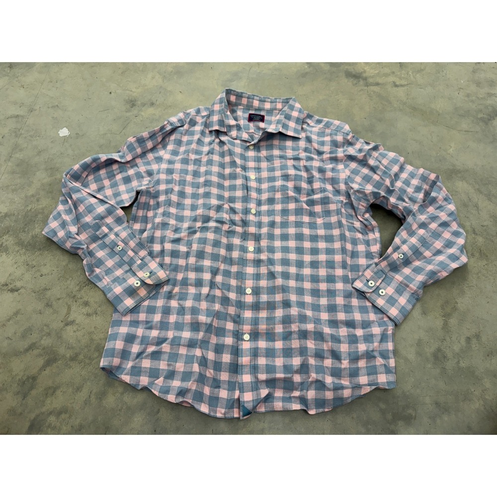 Untuckit Shirt Mens XL Blue Pink 100% Linen Gingham Check Soft Wrinkle-Resistant